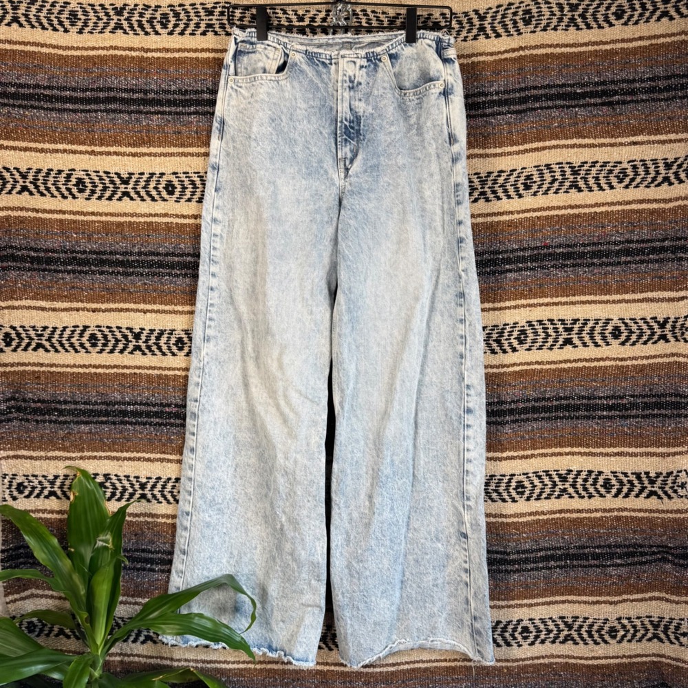 Gap Wide Baggy Low Rise Acid Wash Jeans Light Blue Raw Hem Womens 27 4 1969